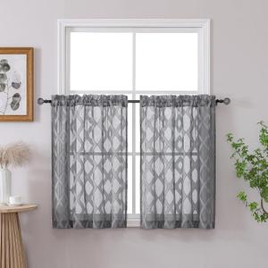 OWENIE Charcoal Grey Sheer Kitchen Curtains Tier 36 Inch Length 2 Panels Set, Elegant Clip Short Curtains for Small Window, Light Filtering Geometric Jacquard Textured Cafe Curtain, 42x36 Inches