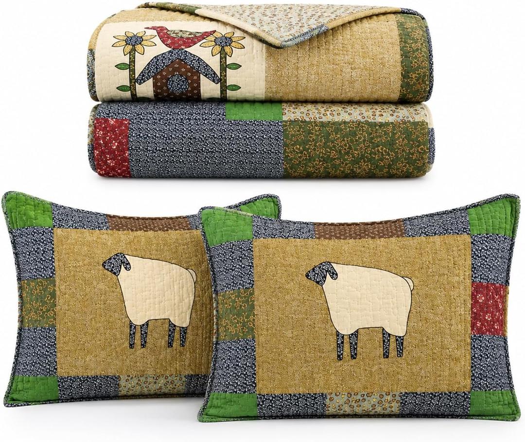 100% Cotton Patchwork Quilt Set Queen,Farmhouse Bedding,3-Piece | Breathable 100% cotton patchwork design,lightweight all-season comfort for master guest cottage or cabin bedrooms