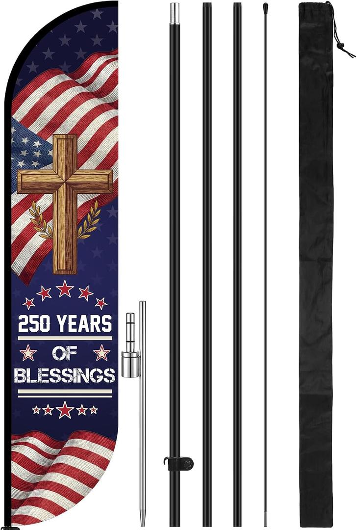 Tingjoo 15FT 250th Anniversary Feather Flag Pole Kit for Outdoor Patriotic Cross American Flag Feather Banner with Fiberglass Pole Kit and Ground Spike for Outdoor Event Planning