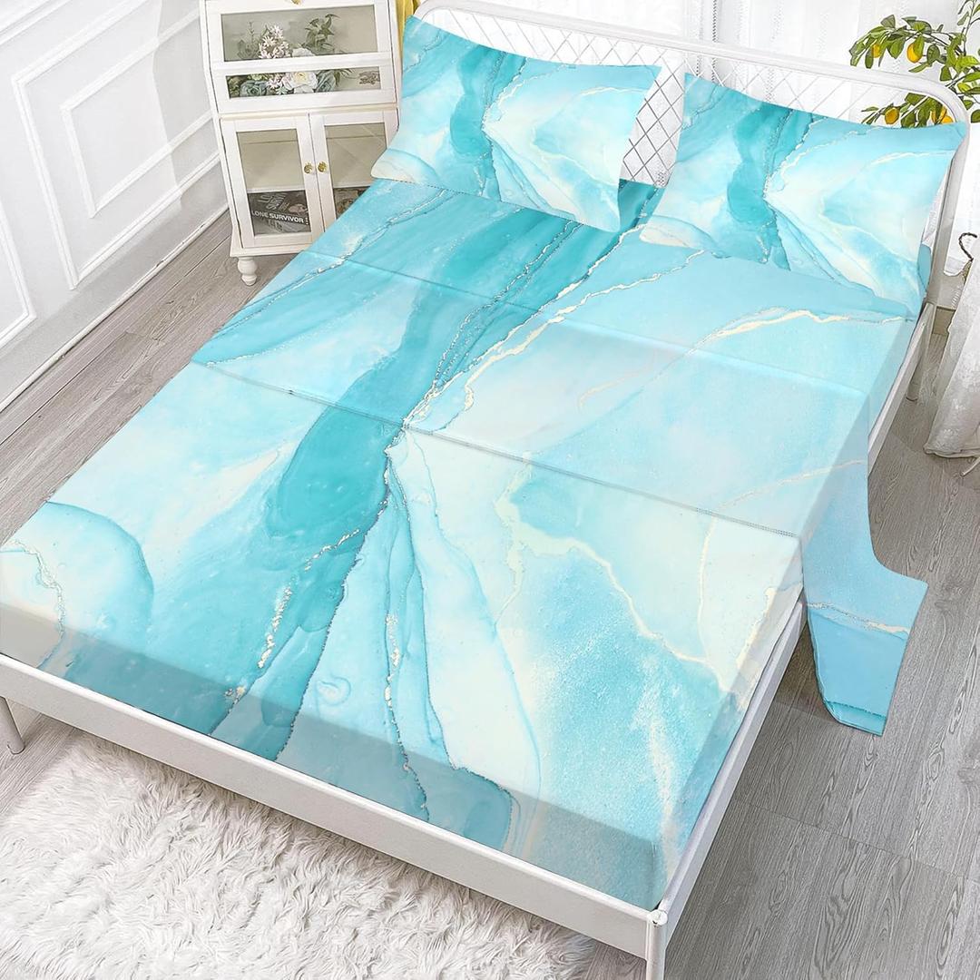 Sheet Set Blue Marble: Full Size Aqua Blue Bed Sheets for Teen Girls Kids Women Deep Pocket Baby Blue Marbling 4PC Bedding Sets with 1 Flat Sheet & 1 Fitted Sheet & 2 Pillowcases