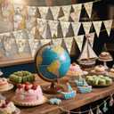 5PCS Bon Voyage Party Decorations 41FT Pre-Strung Vintage Map Travel Themed Bunting Banner, Adventure Awaits Triangle Flags Pennant Garland for Going Away, Graduation, Retirement, Farewell
