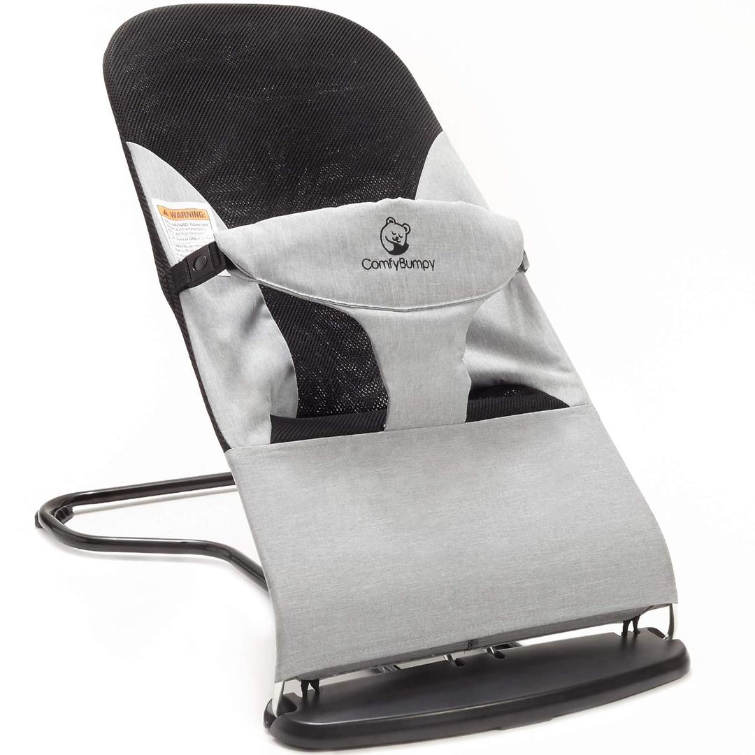 ComfyBumpy Ergonomic Baby Bouncer Seat - Bonus Travel Carry Case - Safe, Portable Bouncing Chair with Adjustable Height Positions - Infant Bouncy Seat Perfect for Newborn Babies (Grey)