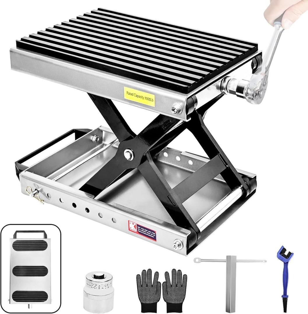 1500 LBS Motorcycle Jack, Thickened 0.48" Rubber Pad Motorcycle Stand Lift, Upgraded Labor-Saving Bearing, Steel Motorcycle Center Stand with Carrying Handle and Anti-Slip Bottom for Heavy ATV