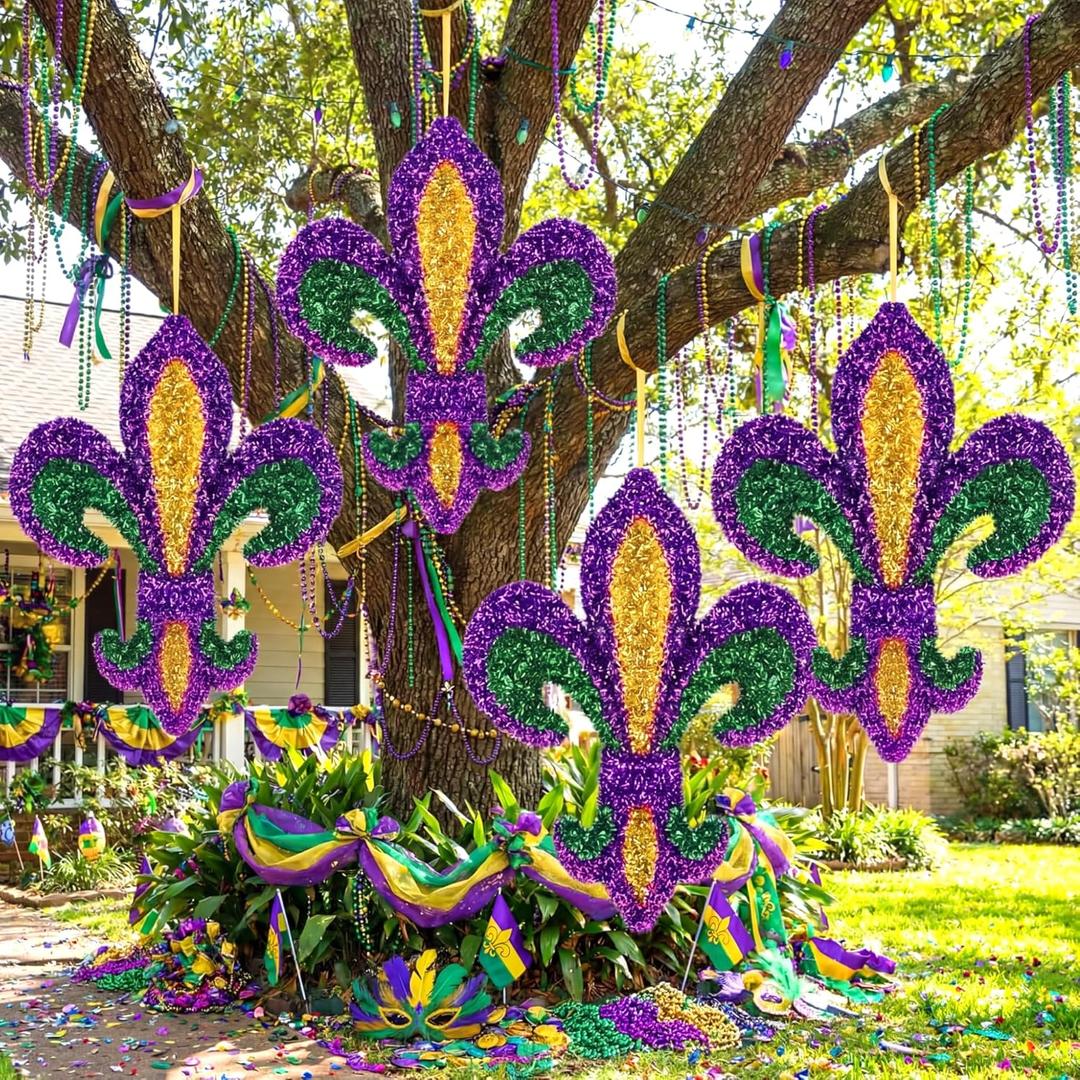 Bucherry 4 Pcs 10 Inch Large Mardi Gras Ornaments Glitter Fleur De Lis Decorations Mardi Gras Purple Green Gold Wreaths for Door Window Tree Masquerade New Orleans Holiday Party Decor