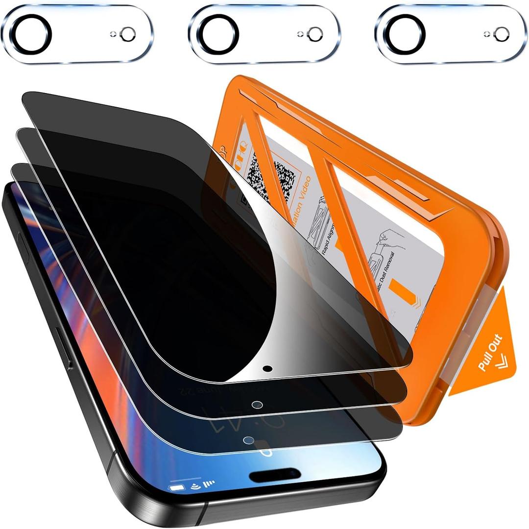 [1-Second Auto-Install] QHOHQ 3 Pack Privacy Screen Protector for iPhone Air+3 Pack Camera Lens Protector,25 Anti Spy Tempered Glass for iPhone 17 Air,[12FT Military Grade Shatterproof],Case Friendly