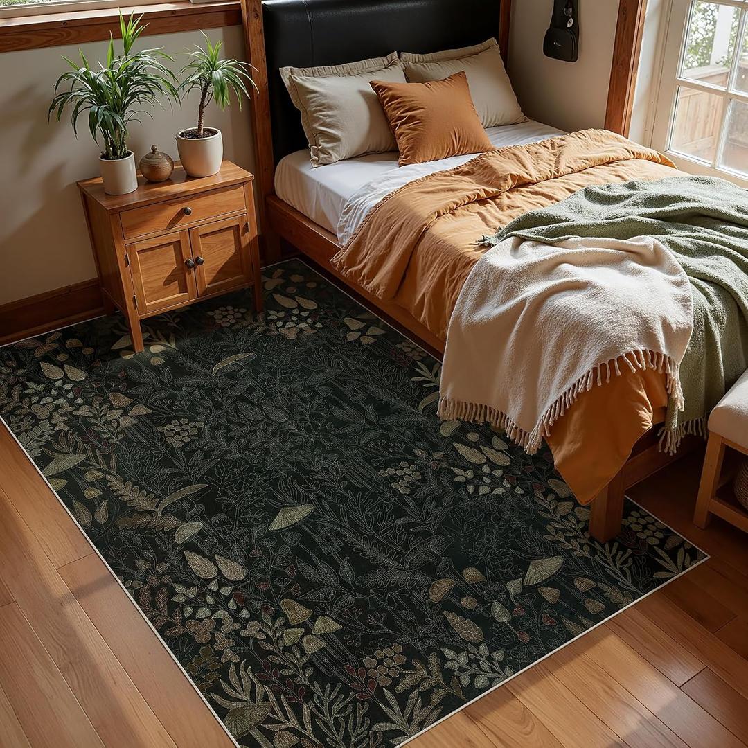 Joydeco Mushroom 5x7 Area Rugs for Bedroom, Washable Rugs for Living Room Non Slip, Boho Floral Botanical Ultra-Thin Soft Indoor Floor Throw Carpet for Dining Home Office, Black-Brown