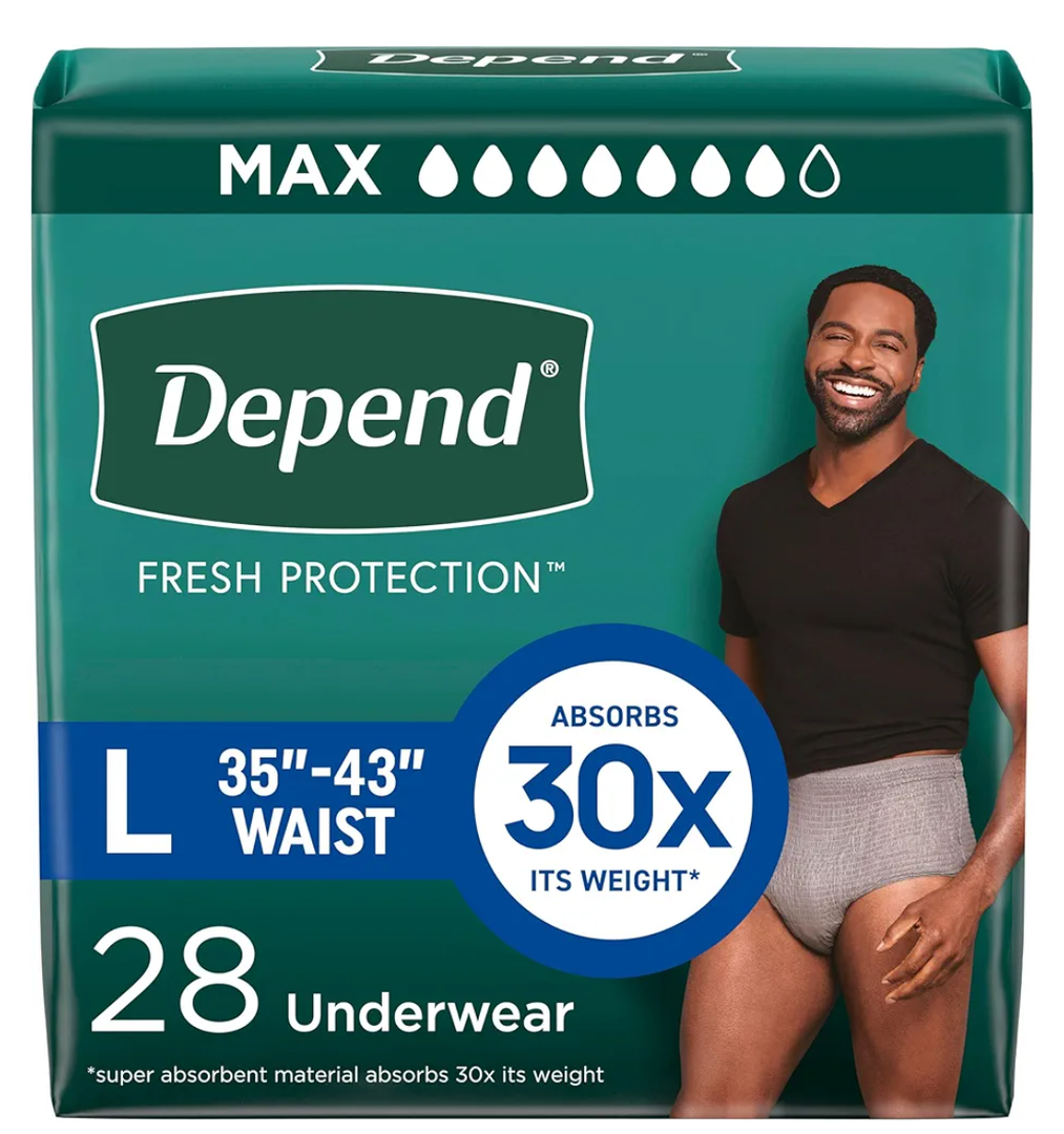 Depend Fresh Protection Adult Diapers, Incontinence Underwear for Men, Disposable, Maximum, Large, Grey, 28 Count
