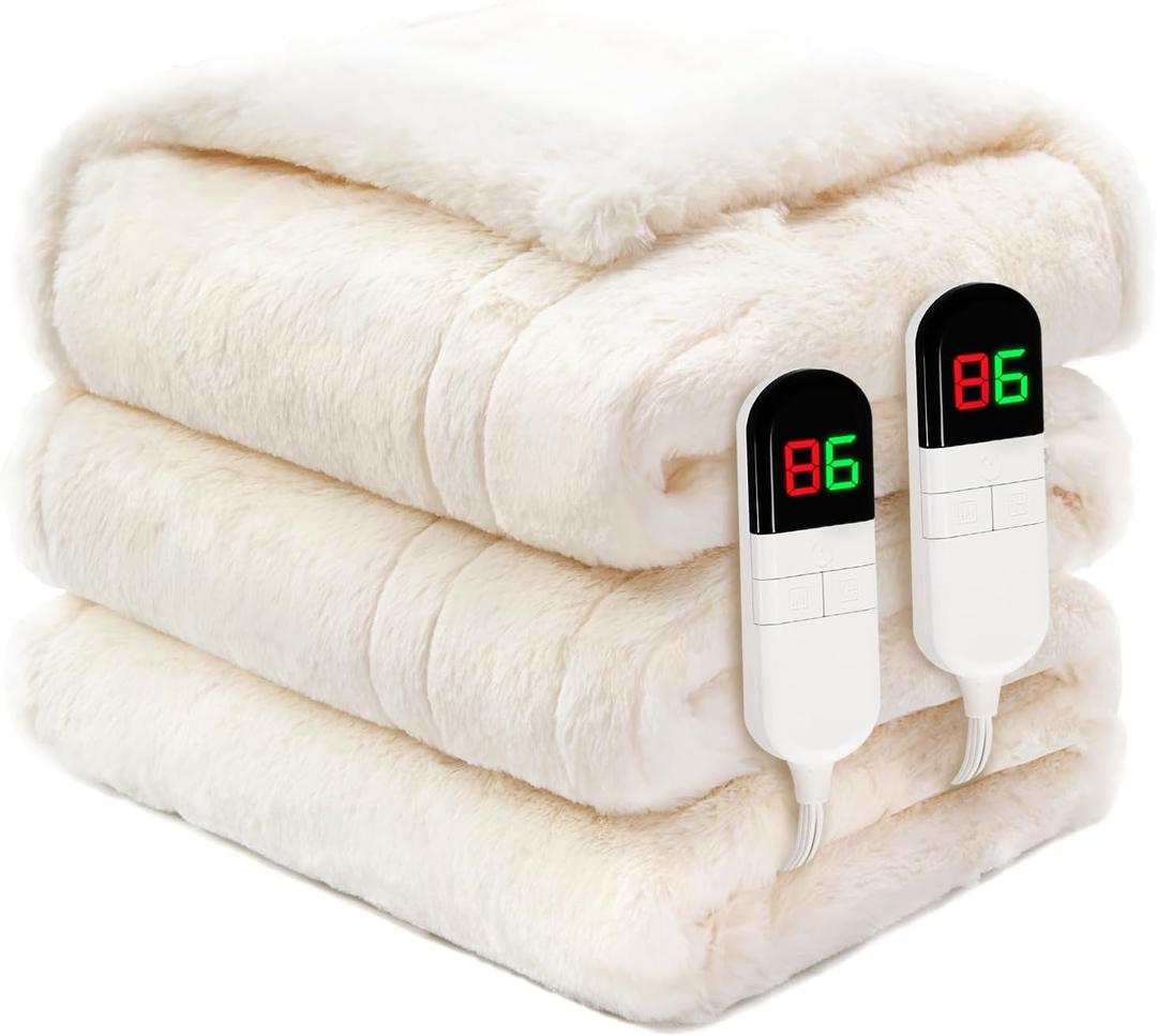Premium Heated Blanket Queen 84"90",Ultra Cosy Soft Electric Blanket with 8 Heating Levels,Dual Control Plush Fast Heating Faux Rabbit Fur for Bed & Couch - Auto Shut Off,Machine Washable(Beige)