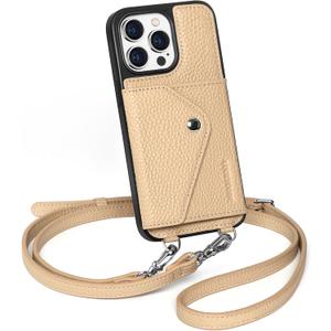 LUCKYCOIN Crossbody Phone Case for iPhone 14 Pro Max,100% Genuine Leather Phone Wallet Case for Women, Premium Hands-Free Phone Purse with Expandable Flip Card Holder & Adjustable Strap - Pebble Beige