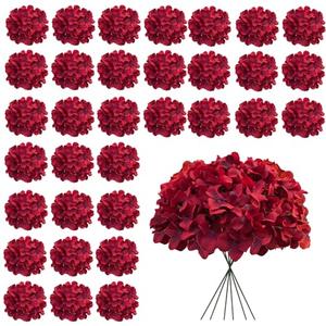 Cherica Dark Red Hydrangea Artificial Flowers Bulk, 30 Pcs Faux Hydrangea Flowers Heads, Artificial Fake Silk Hydrangea Flowers with Stems, Red Flowers Artificial for Decoration Wedding Décor