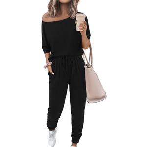 Zenlonr Women Summer 2 Piece Outfits 2025 Off Shoulder Short Sleeve Tops Elastic Waist Drawstring Long Pants Tracksuit (Large, Black)