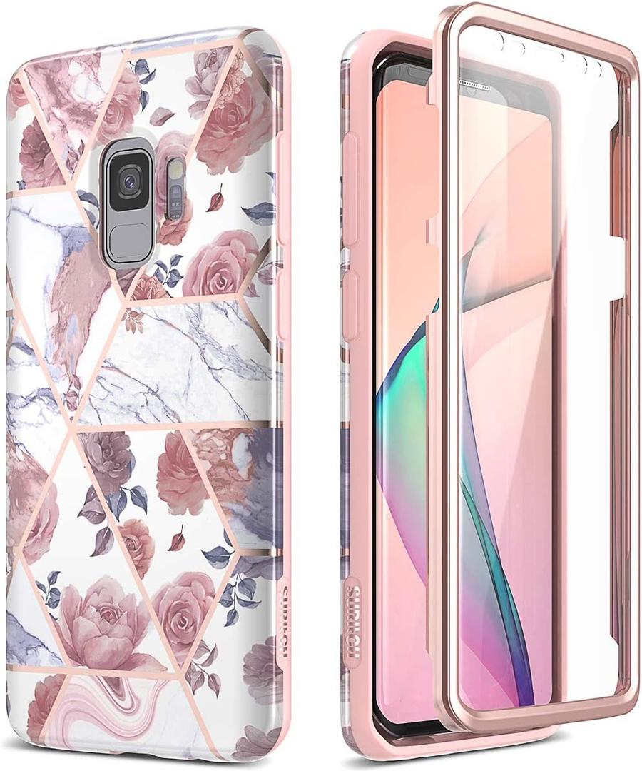 SURITCH Case for Galaxy S9, [Built-in Screen Protector] Rose Gold Marble Full-Body Protection Shockproof Rugged Bumper Protective Cover for Samsung Galaxy S9 5.8 Inch (Rose Marble)