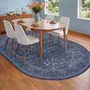 Dark Blue 6x9 Oval Area Rugs - Washable Rugs for Dining Room Table, Living Room, Non-Slip Floor Carpet for Bedroom - Vintage Navy Blue Floral Pattern Low Pile Stain Resistant