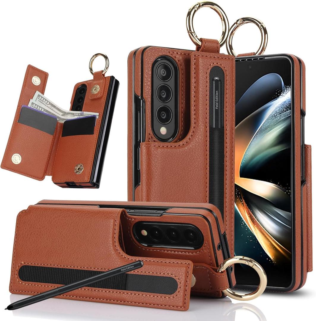 Asuwish Phone Case for Samsung Galaxy Z Fold 4 5G 2022 Wallet Cover with S Pen SPen Slot Credit Card Holder Stand Slim Rugged Mobile Flip Cell Accessories ZFold4 Z4 Fold4 4Z ZFold45G Women Men Brown