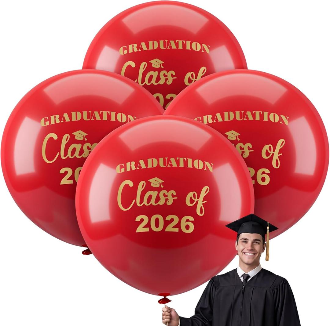 Kasyat 4 Pcs 36 Inch Extra Large Graduation Balloons Class of 2026 Balloons Latex Jumbo Giant Congrats Grad Balloon for College, High School, University Graduation Party Decorations(Red and Glod)