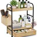 Kottwca 2-Tier Bathroom Counter Organizer with Drawer, Wooden Vanity Skincare Storage Shelf with Thickened Metal Frame, Countertop Shelf with Basket & Hooks for Makeup Organization,Light Brown