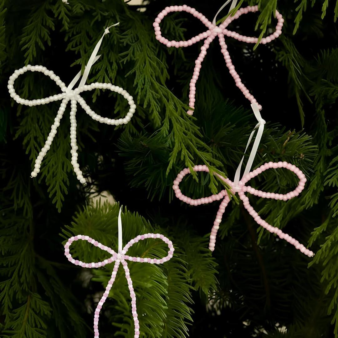 2 x 12 Pcs Pearl Bow Ornaments for Christmas Tree Pink and White Pearl Bows Hanging Decoration Coquette Bead Bowknot Tree Topper Decor for Xmas Wreaths Garland Cake Bouquets Gift Wedding Birthday