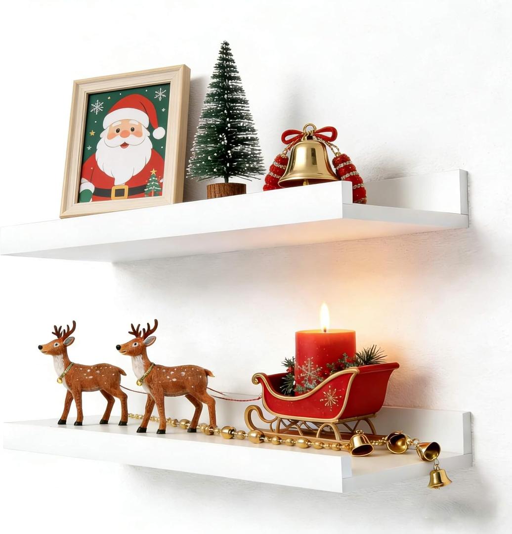 White Floating Shelves for Wall Decor, Wall Mounted Wood Storage Shelf for Bedroom, Living Room, Bathroom, Kitchen, Nursery, Display Picture Ledge Shelf with Lip Set of 2-14 Inches, White (13.6in)