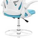 Primy Drafting Chair Tall Office Chair with Flip-up Armrests Executive Ergonomic Computer Standing Desk Chair with Lumbar Support and Adjustable Footrest Ring（Blue）