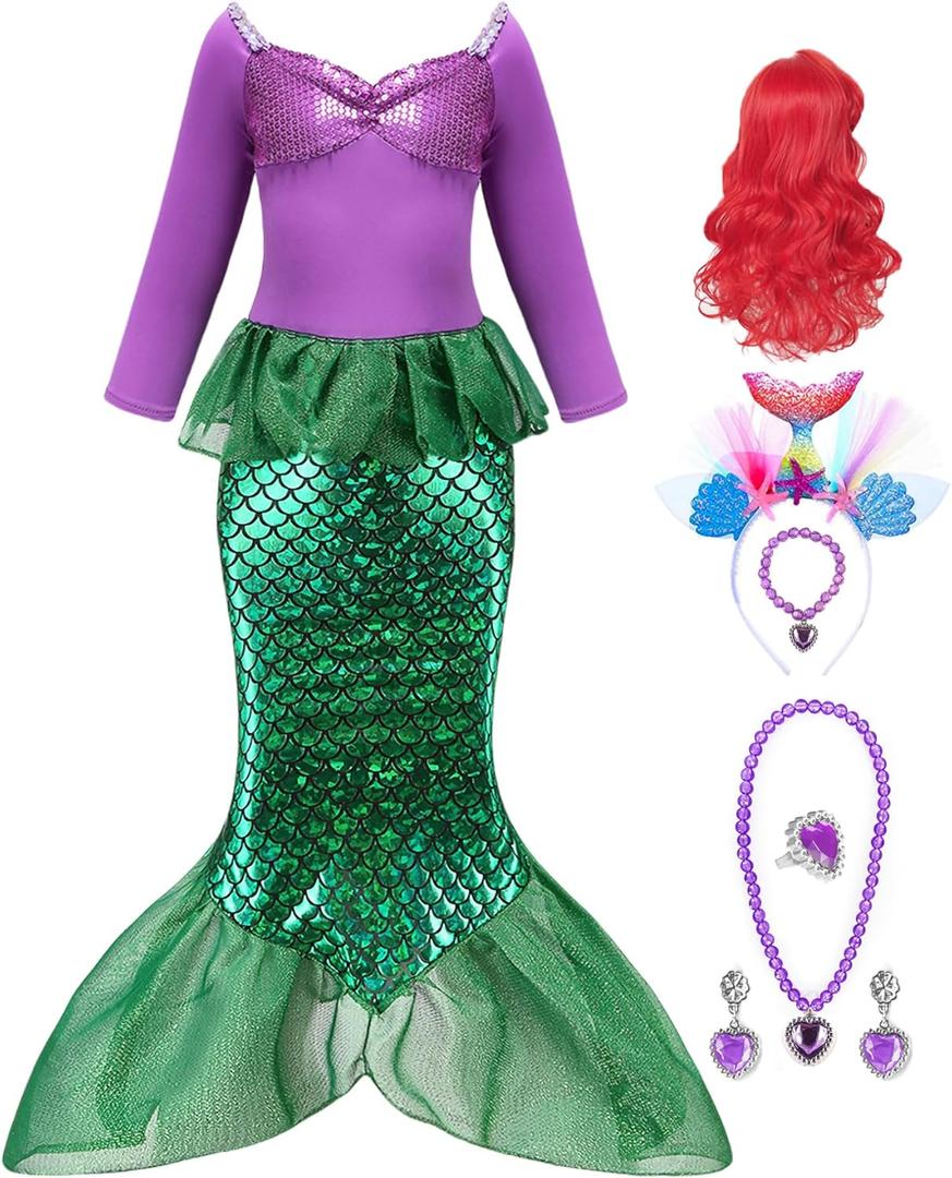 Oumbivil Mermaid Princess Dress Ariel Costume for Grils Cosplay Birthday Party Halloween Costumes with Wig,Headband,Necklace (2-3 Years)