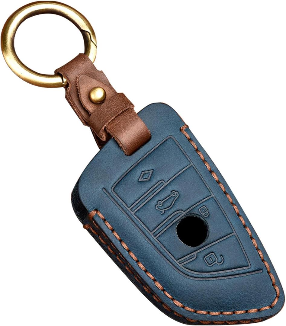 OLLEN Genuine Leather No Screws Key Fob Cover Fit for BMW 5 6 7 Series X1 X2 X3 X5 X6 GT Series etc, Blade Shape, Teal Blue