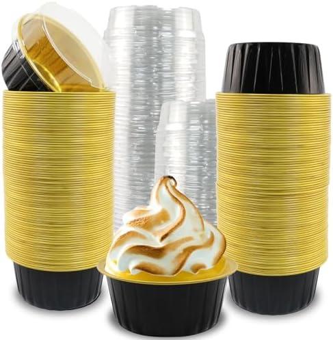 SUPPHOUS Disposable Ramekins, 5oz Mini Cake Pans with Lids Aluminium Foil Baking Cups, Disposable Mini Cake Containers Creme Brulee Ramekins for Christmas Party Wedding Birthday(Black Gold)