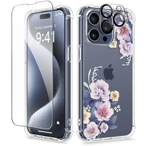 GVIEWIN for iPhone 15 Pro Case, [3 in 1] with Screen Protector & Camera Lens Protector, Clear Hard Shockproof Slim Fit Floral Phone Cover for Women Girls 2023 6.1" (Begonia Flowers/Blue) 2 Pack