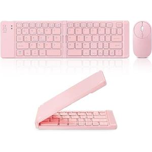 Mini Rechargeable Foldable Bluetooth Keyboard and Mouse Combo, Portable (Sync Up to 3 Devices), Ultra-Slim Travel Folding Keyboard for iPhone iPad Mac Android Windows iOS（Pink）