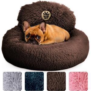 PetJett Calming Dog Bed for Small Dogs 23" Donut Dog Beds, Anti-Slip & Washable Fluffy Plush Faux Fur Pet Bed, Anti-Anxiety Premium Comfort Round Puppy Bed, Fits Dogs up to 25 lbs, Brown, Small