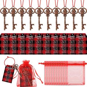 Dingion 10 Sets Santa's Key for No Chimney House Metal Key with Santa Claus Card a Gift Bag Vintage Skeleton Charm Key Christmas Tree Ornament for Christmas Holiday, Red
