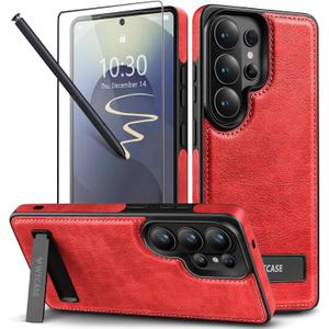 WTCASE Strong Magnetic for Samsung Galaxy S26 Ultra Leather Case with Stand,[Compatible with MagSafe], Slim Adjustable Kickstand Phone Cover (Red, S26 Ultra)