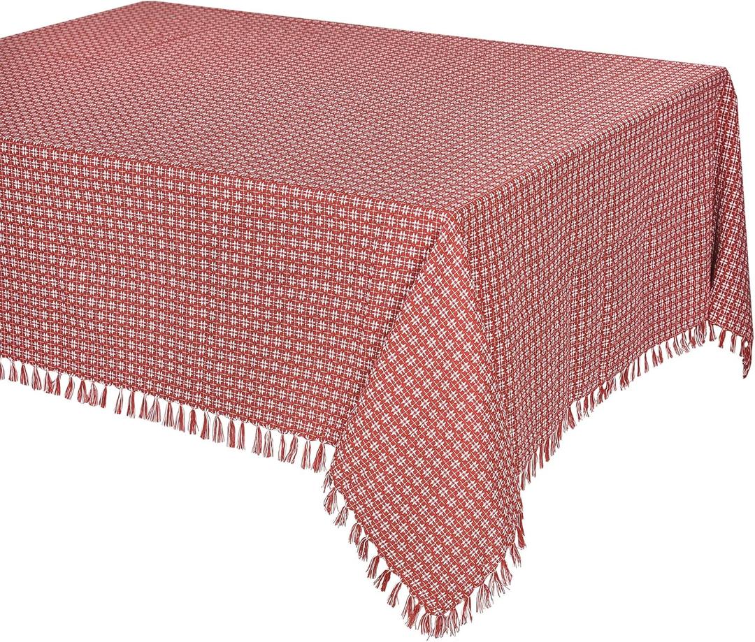 Table Cloth, Spice Red/White Woven Fringed, 100% Cotton Table Cover, Size 60x102 Inch, Suitable for Formal Dining, Everyday Meals and Casual Occasions.
