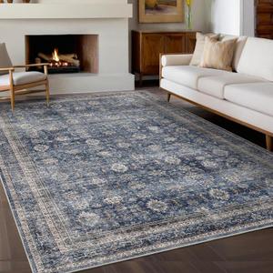 Washable Rugs 8x10 Soft Non Slip Vintage Area Rugs for Living Room Bedroom Stain Resistant Retro Distressed Floor Accent Carpet for Bedroom Dining Room Home Office Denim (Blue/Foggy)