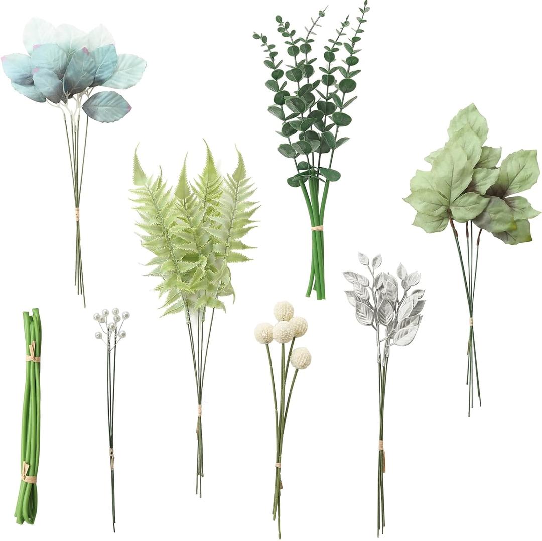 Floroom Artificial Greenery Stems Box Set, 36pcs with 7 Kinds of Faux Greenery Flowers Picks for DIY Bridal Bouquets Wedding Floral Arrangement Table Centerpieces, Dusty Blue & Silver