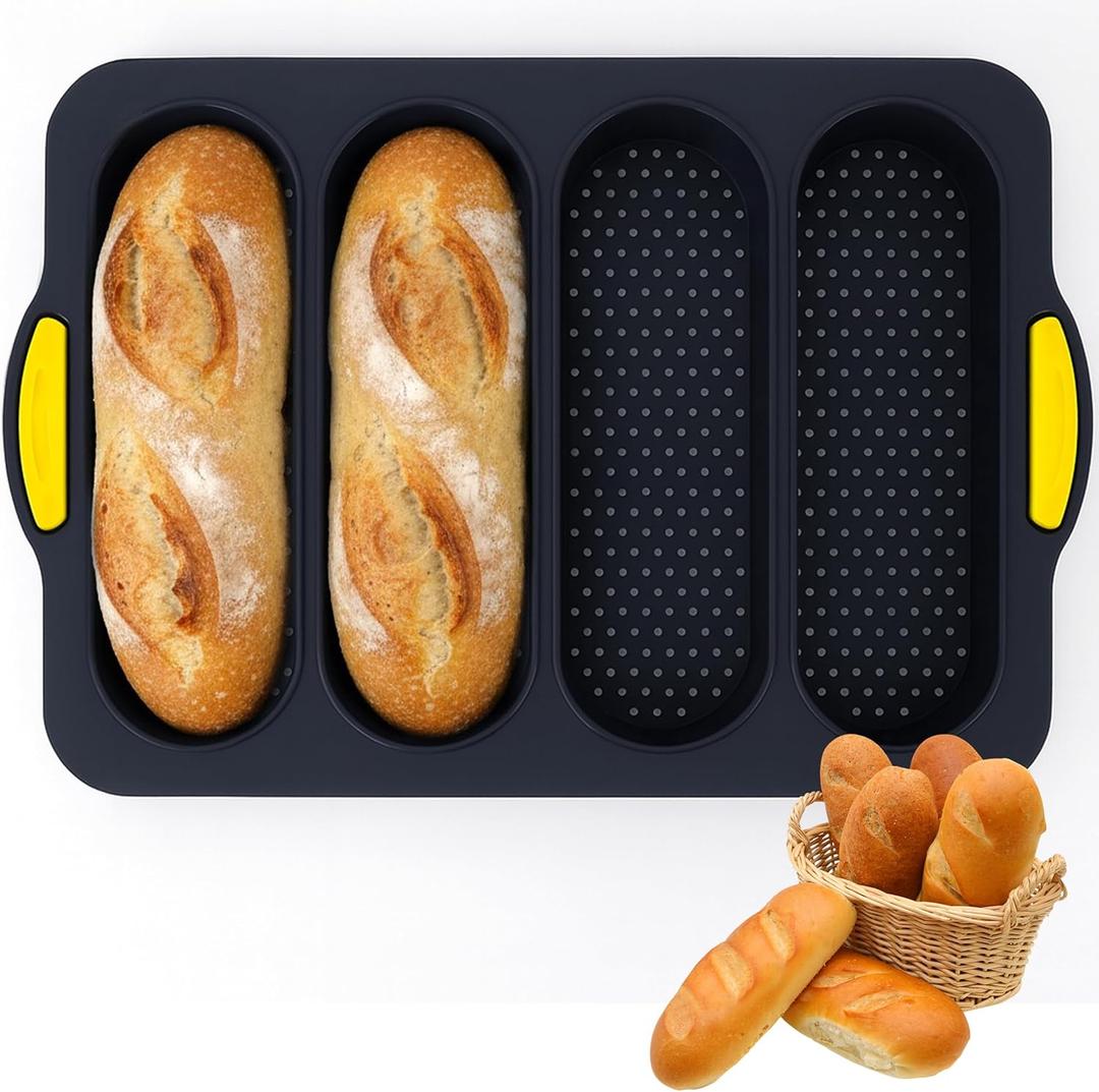 French Bread Hoagie Sub Roll Baking Pans 4-slot Mold, Non Stick Silicone Mould Tray for Baguette Sandwich Hot Dog Bun Loaf Food, Mini Tool Set for Homemade Household Restaurant Breakfast Dinner (Gray)