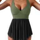 Women's One Piece Swim Dress Swimsuit Tummy Control Mesh Swimdress V Neck Bathing Suit Skirt Tie Back Swimwear (Army Greenblack), L