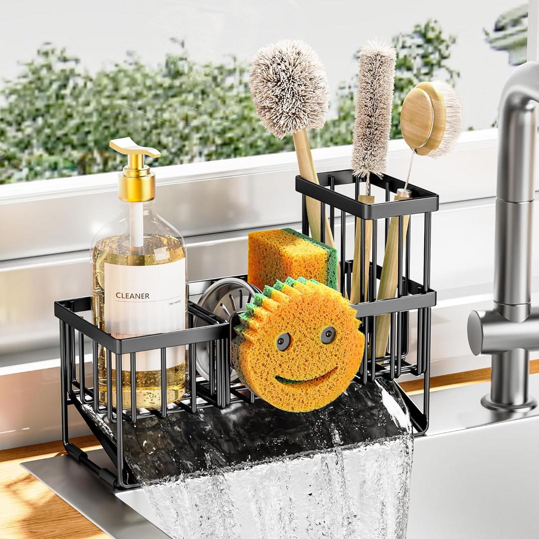 Cisily Sink Caddy With Smiley Face Sponge Holder, 304 Stainless Steel Rustproof(Black) (9.25)