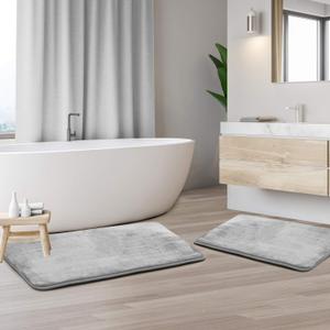 Clara Clark 2 Piece Bathroom Rug Set - Memory Foam, Bath Mat Set, Plush, Cozy, Ultra Soft, Non Slip, Machine Washable, Quick Dry - 24 x 17+ 32 x 20 - Light Grey