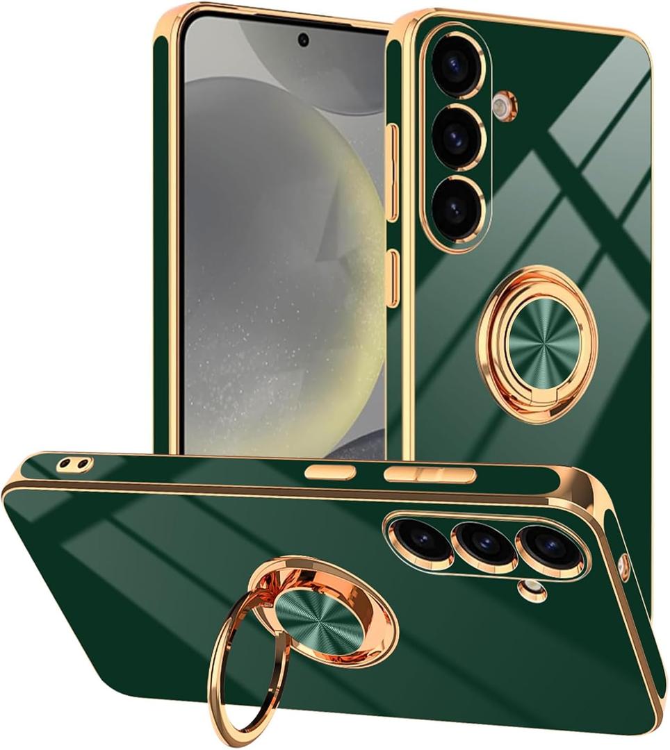 Tnarru Designed for Samsung Galaxy S25 Case with Ring Stand, Support Magnetic Car Mount Rotatable Finger Holder Soft TPU Cover Plating Edge Protective Slim Phone Case for Galaxy S25 Green