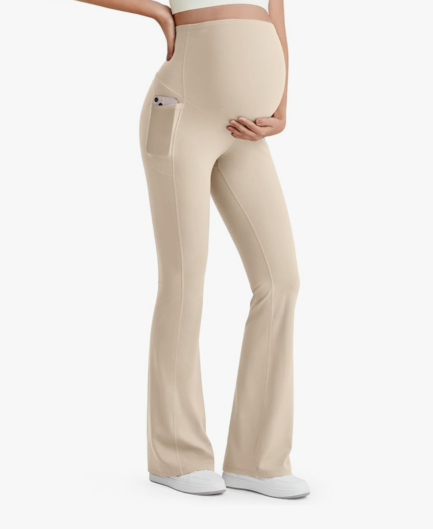 G4Free BareFeel Maternity Flare Leggings with Pockets Over The Belly Stretchy Casual Lounge Pregnancy Dress Pants for Work, M
