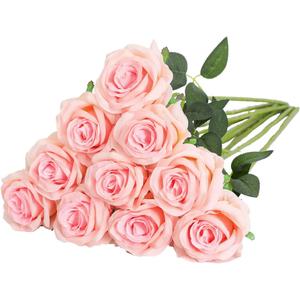 Nubry Artificial Silk Rose Flower Bouquet Lifelike Fake Rose for Wedding Home Party Decoration Event Gift 10pcs (Light Pink)
