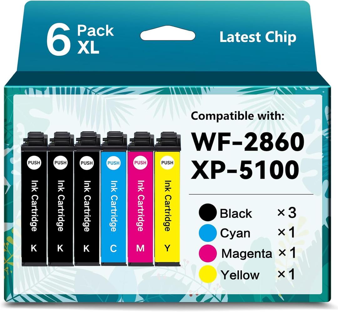 Remanufactured Ink Cartridges for Epson 202XL Ink Cartridges Multipack for T202 T202XL for Workforce WF-2860 Expression XP-5100 Printer (3 Black, 1 Cyan, 1 Magenta, 1 Yellow 6 Pack)