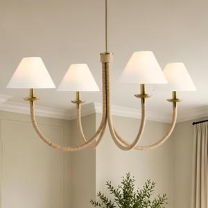 40" Rustic Elegance 4-Light Linen Cone Chandelier with Metal & Rope, Boho Farmhouse Ceiling Fixture, Hardwired for Dining & Living Room, E12 Bulbs