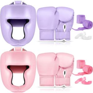 Kanayu 14 Pcs Boxing Gloves and Headgear Set for Beginners Youth 16 Ounce Boxing Gloves Headgear Helmet Hand Wraps Mouth Guards Equipment for Beginners Training Equipment Gifts (Purple, Pink)