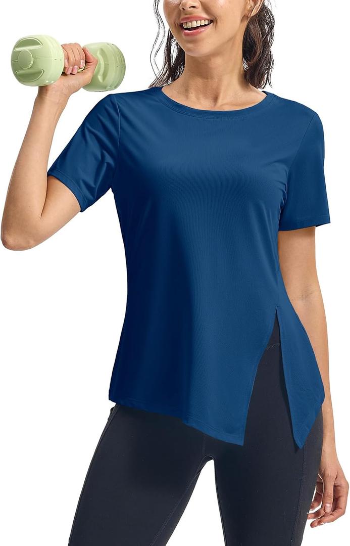 TBMPOY Women's Short Sleeve Workout Tops T-Shirts Breathable Quick Dry UPF 30+ Athletic Exercise Tee Shirts with Side Slits (Blue, L)