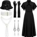 1920s Dresses for Women Vintage Flapper Dress 20s Costumes with Accessories Set Ruffle Cocktail Party Style Dress (M, Vintage, Black)