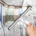 All-Purpose Stainless Steel Shower Squeegee for Shower Doors with 2 Adhesive Hooks, Bathroom Cleaner Tool Household Window Mirror Squeegee for Home Cleaning, Glass Door, Tile Wall, Car, 12 Inch Silver