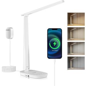 HONEYWELL LED Desk Lamp - HWT-H2 Sunturalux Eye-Caring Foldable Desk Light with USB A+C Dual Charging Port 4 Color Modes Dimmable Table Lamp for Home Office Bedroom Reading Study Work - White