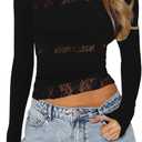 Women Long Sleeve Lace Trim Top Patchwork Slim Fit Shirt Tee Y2K Going Out Crop Top(A-Patchwork Lace Trim Black Top,S
