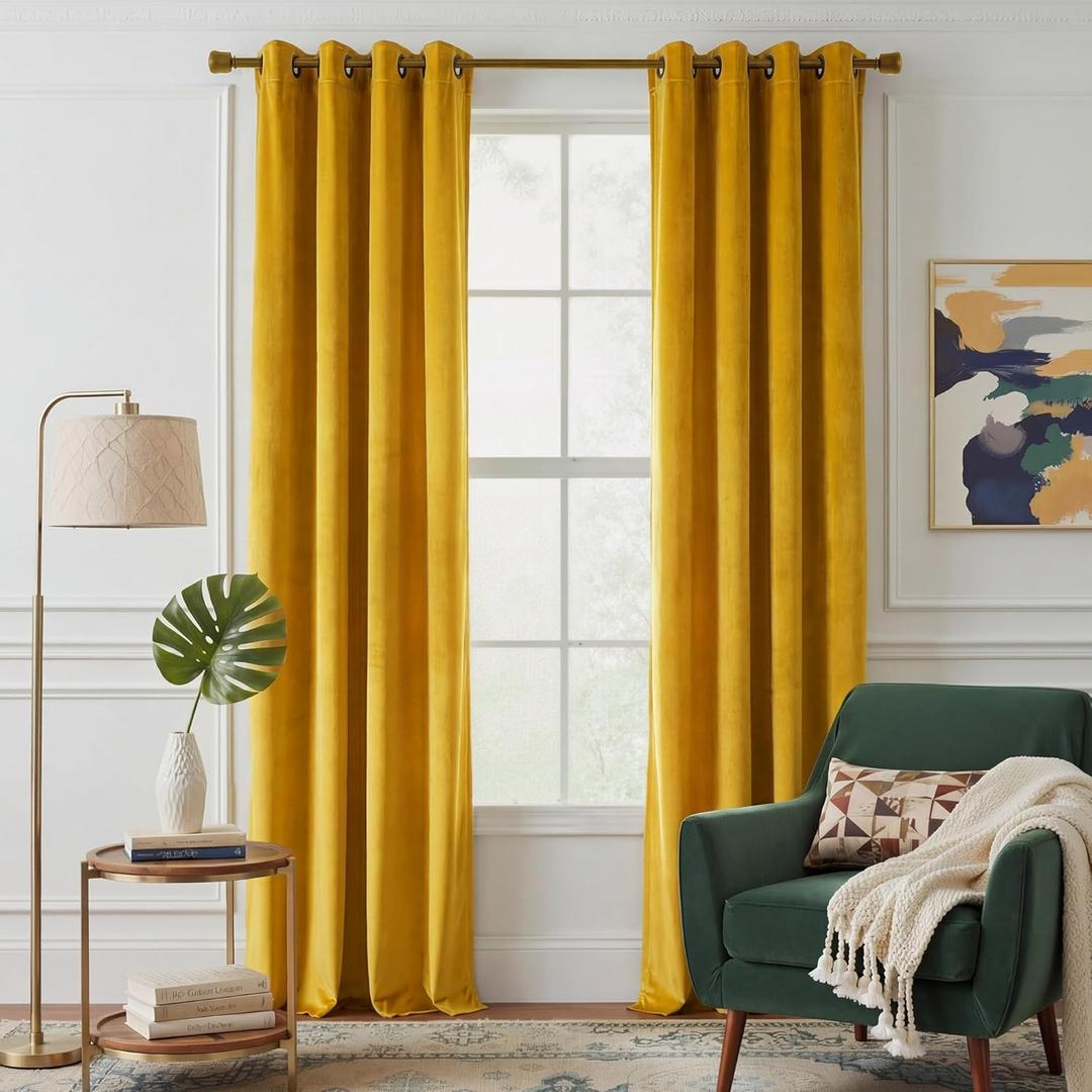 NICETOWN Yellowish Gold Velvet Curtains 96 inch Long - Blackout Thermal Insulating Soft Window Curtains for Bedroom Living Room Dining Sliding Glass Door, W52 x L96, 2 Panels